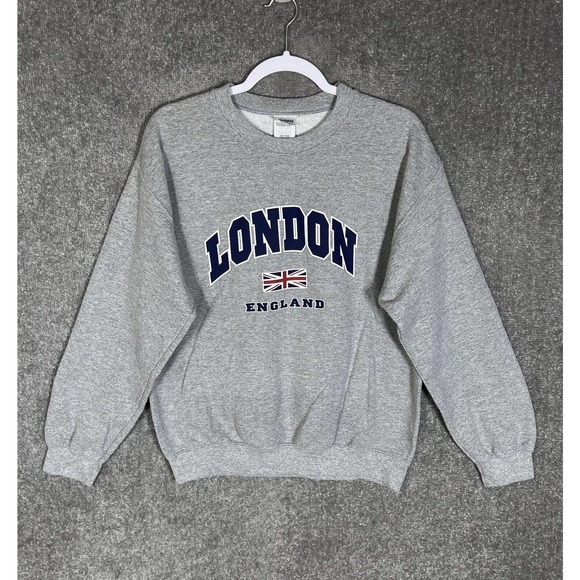 Gildan Heavy Blend LONDON England Spellout Sweatshirt Adult Medium Gray Pullover - Picture 1 of 7